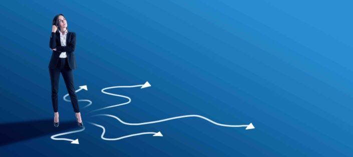 Young european businesswoman with arrows on blue background with mockup place. Success, leadership, choice and direction concept.