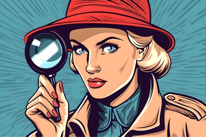 woman is a detective looking through magnifying glass search. Vector illustration in pop art retro comics style. poster for advertising